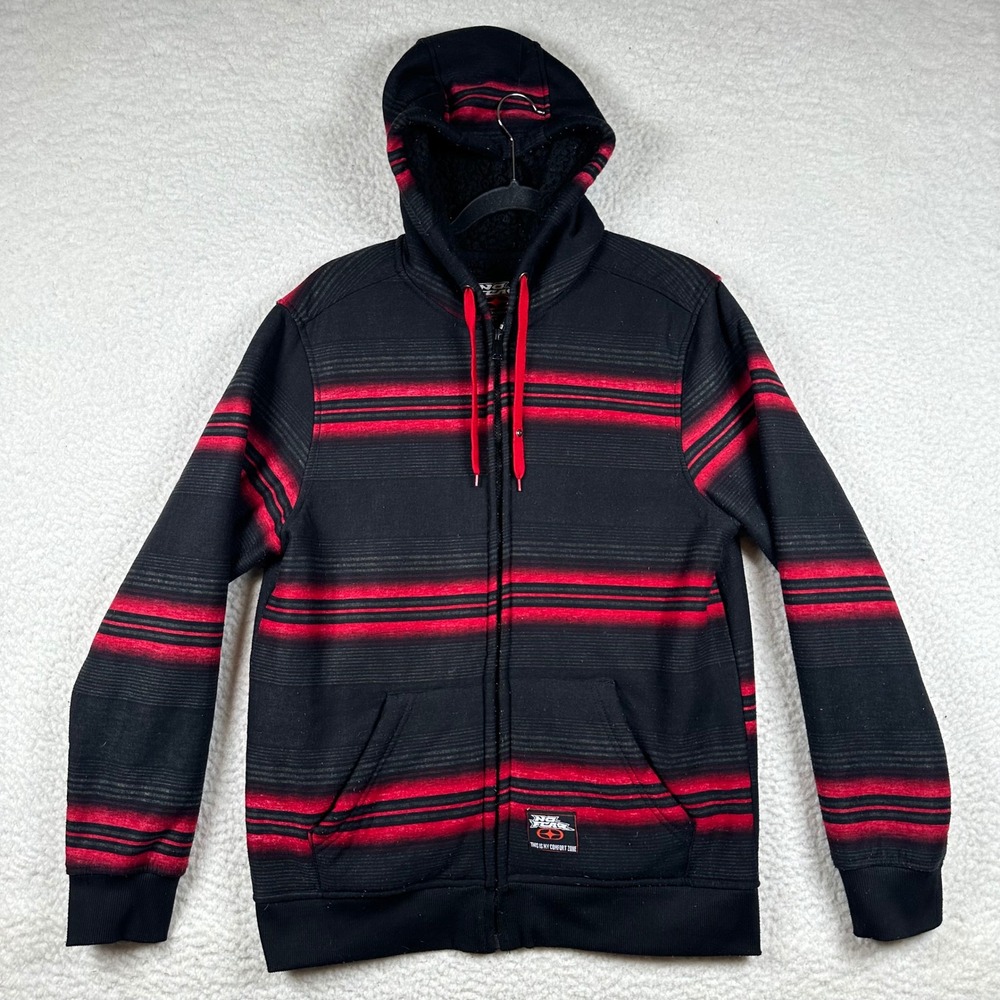 Vintage No Fear Hoodie Mens M Red Black Striped Sherpa Lined Full Zip Y2K Skater